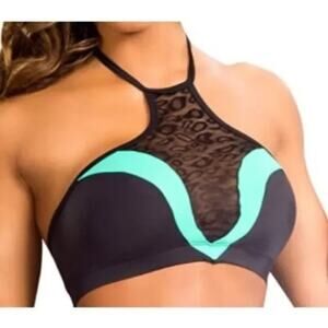 NWT BodyZone Rainbow Halter Top Bralette S/M Dancewear Black/Green Made in USA